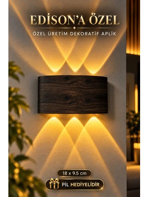 Edison Kahverengi Ahşap Desenli Pilli LED Aplik Amber Işık 10W 700LM Pil ile Çalışan Dekoratif Duvar Lambası Salon Yatak Odası Koridor Tv Ünitesi Antre Kafe Otel Modern Duvar Aydınlatması Kahverengi Ahşap