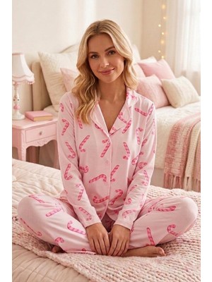 Baston Şeker Desenli Uzun Kollu Pijama Takımı 4601 -Pembe