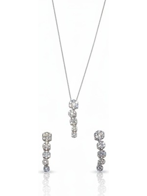 Lunel Silver 925 Ayar Gümüş Zirkon Taşlı Salkım Tasarım J Klips Küpe & Kolye Ikili Set (Pırlanta Efektli)