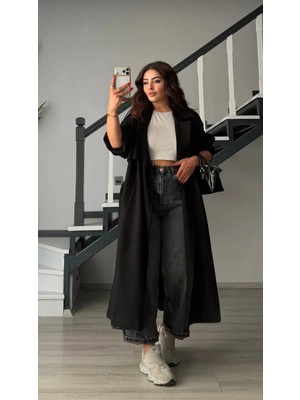 Elisin Siyah Kuşaklı Oversize Premium Trençkot