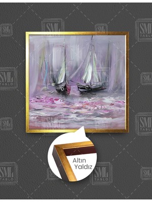 SML Tablo Yağlı Boya Efektli Soyut Gemiler Pembe Pastel Ton Sanat Kare Çerçeveli Kanvas Tablo