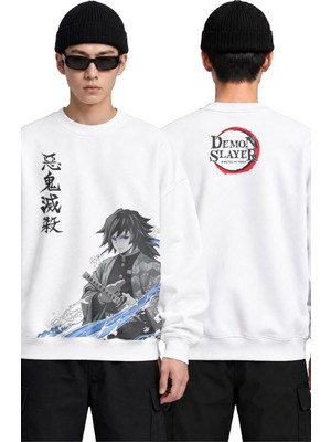Fuddy Moda Unisex Oversize Giyu Tomioka Ense Baskılı Demon Slayer Anime Temalı Kapüşonsuz Sweatshirt