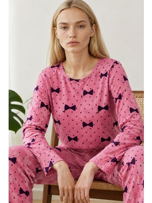 Kadın Desenli Nefes Alan Pembe Pijama Takımı 4694