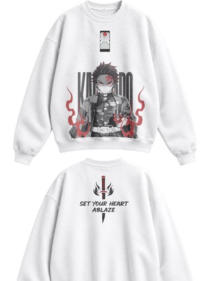 Fuddy Moda Unisex Oversize Tanjiro Set Your Heart Ablaze Ense Baskılı Demon Slayer Anime Kapüşonsuz Sweatshirt
