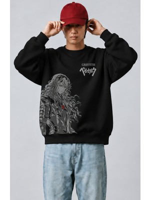 Fuddy Moda Unisex Oversize Berserk Griffith Ense Baskılı Anime Temalı Kapüşonsuz Sweatshirt