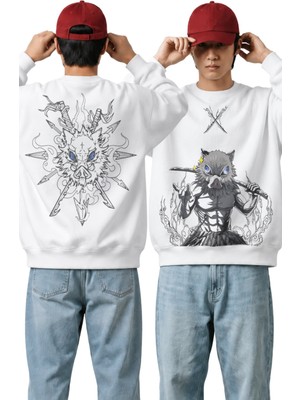 Fuddy Moda Unisex Oversize Demon Slayer Inosuke Hashibira Sırt Baskılı Kapüşonsuz Anime Sweatshirt