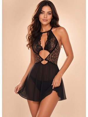 New Dreams eyetis Kadın Leopar Dantelli Babydoll Halter Siyah TülEtekli Seksi Fantezi Gecelik İç Çamaşırı Takım