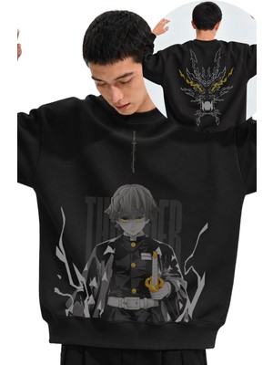 Fuddy Moda Unisex Oversize Zenitsu Thunder Sırt Baskılı Kapüşonsuz Demon Slayer Anime Sweatshirt