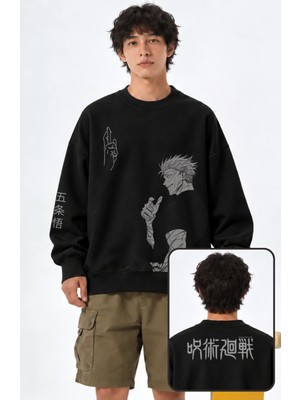 Fuddy Moda Unisex Oversize Jjk Satoru Gojo Ense ve Kol Baskılı Anime Temalı Kapüşonsuz Sweatshirt