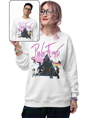 Fuddy Moda Unisex Oversize Pink Floyd Pink Pig Baskılı Kapüşonsuz Bisiklet Yaka Rock Band Sweatshirt