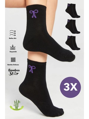 Bamboo Star Bambu Kadın Siyah Tenis Kolej Fiyonk Desenli Premium Dikişsiz Siyah Soket Çorap 3'lü Paket