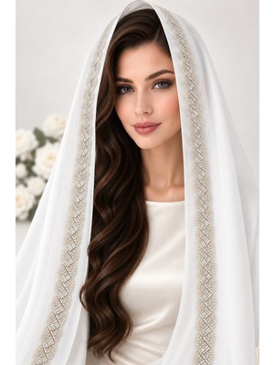 Ceylan Collection Mevlüt Örtüsü - Kırık Beyaz Boncuk Işlemeli Özel Tasarım Şifon Mevlüt Örtüsü 70×150