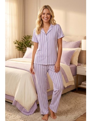 Lila-Beyaz Çizgili Gömlek Yaka Pijama Takımı 4629-LILA Kadın Kısa Kollu Düğmeli Uzun Alt Pijama Takımı