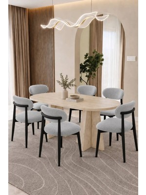 Uzm Home Bohem Traverten Masa Takımı Takımı 6 Kişilik Masa Sandalye Takımı Iskandinav Takım
