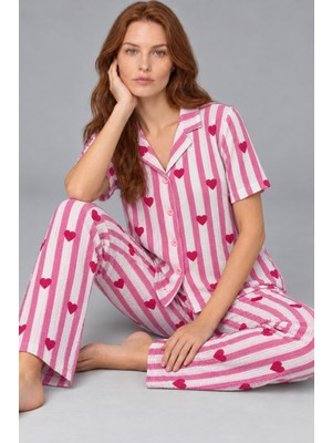 Fit Women Kadın Rahat Kalıp Gömlek Yaka Pembe Kalpli Pijama Takımı 4769