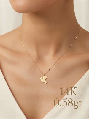 Papatya Silver Orjinal 14 Ayar Sertifikalı Altın Minimalist Aynalı Ezme Zincir Kuş Kolye