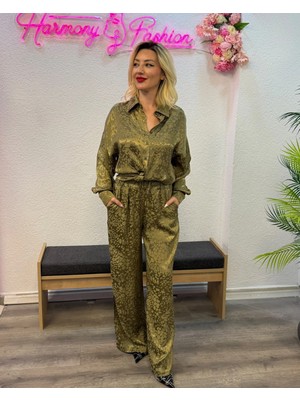 Harmony Fashion Yeşil Desenli Saten Gömlek & Pantolon Ikili Takım