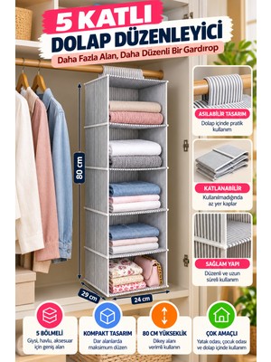 Open City 5 Katlı Katlanabilir Asılabilir Dolap Içi Organizer Bez Raf Gri Çizgili 5 Bölmeli Dolap Düzenleyici