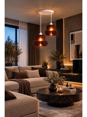 Elizim Home Lighting Alessa 2’li Tütü Avize – Beyaz Tepsili Kahverengi Tül Başlıklı Yatak Odası- Oturma Odası- Genç Odası Dekoratif Sarkıt Avize