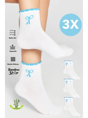 Bamboo Star Bambu Kadın Mavi Fırfırlı Tenis Kolej Fiyonk Desenli Premium Dikişsiz Beyaz Soket Çorap 3'lü Paket