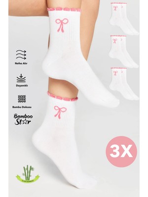Bamboo Star Bambu Kadın Pembe Fırfırlı Tenis Kolej Fiyonk Desenli Premium Dikişsiz Beyaz Soket Çorap 3'lü Paket