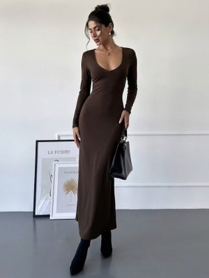 Efnaz Style Kadın Uzun Kollu Derin Gögüs Detaylı Belden Bağcıklı Uzun Dalgıç Elbise
