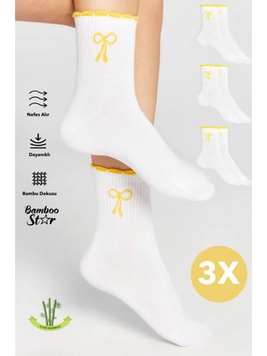 Bamboo Star Bambu Kadın Sarı Fırfırlı Tenis Kolej Fiyonk Desenli Premium Dikişsiz Beyaz Soket Çorap 3'lü Paket