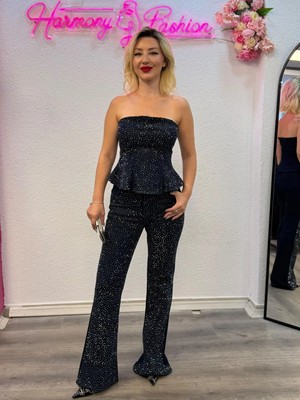 Harmony Fashion Taş Detaylı Straplez Denim Ikili Takım