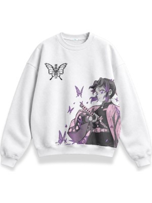 Fuddy Moda Unisex Oversize Shinobu Kocho Ense Baskılı Demon Slayer Anime Temalı Kapüşonsuz Sweatshirt