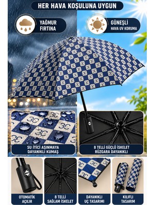 Yelay Home 8 Telli Fiber Desenli Rüzgara Dayanıklı Sağlam Iskeletli  Şemsiye -Tam Otomatik