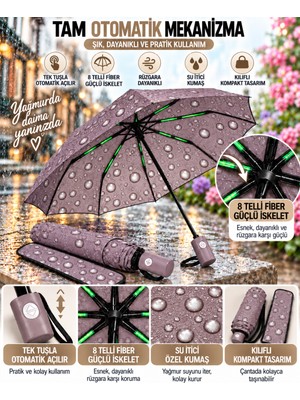 Yelay Home Tam Otomatik 8 Telli Fiber Şemsiye – Su Itici, Kılıflı, Damla Desenli,fiber Destek Çubuğu / Esnek Fiber Tel