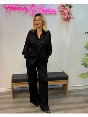 Harmony Fashion Siyah Desenli Saten Gömlek & Pantolon Ikili Takım