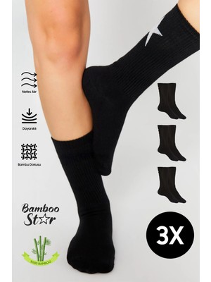 Bamboo Star Bambu Kadın Siyah Tenis Kolej Yıldız Desenli Premium Dikişsiz Soket Siyah Çorap 3'lü Paket