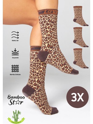 Bamboo Star Kadın Dikişsiz Leopar Desenli Soket Çorap 3'lü Paket Sıkmayan Çorap / İz Bırakmaz