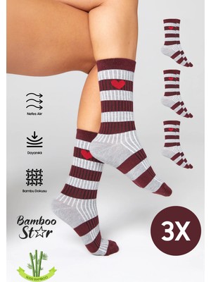 Bamboo Star Kadın Gri-Bordo Soket Dikişsiz Kalp Desenli Çorap 3'lü Paket Sıkmayan Çorap / İz Bırakmaz