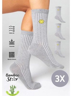 Bamboo Star Kadın Gri Soket Dikişsiz Gülücük Desenli Çorap 3'lü Paket Sıkmayan Çorap / İz Bırakmaz