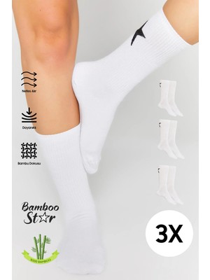 Bamboo Star Bambu Kadın Beyaz Tenis Kolej Yıldız Desenli Premium Dikişsiz Soket Beyaz Çorap 3'lü Paket