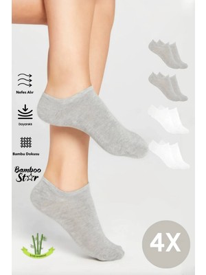 Bamboo Star Bambu Kadın Sneaker Gri-Beyaz Çorap Dikişsiz Bilekte Görünmez Spor Çorap Premium 4'lü Paket