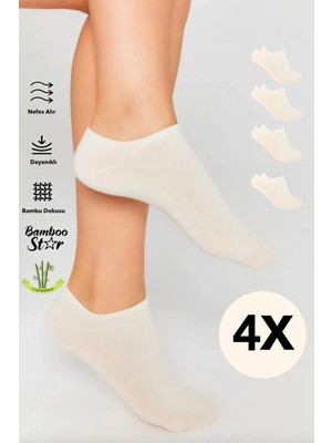 Bamboo Star Bambu Kadın Sneaker Krem Çorap Dikişsiz Bilekte Görünmez Spor Çorap Premium 4'lü Paket