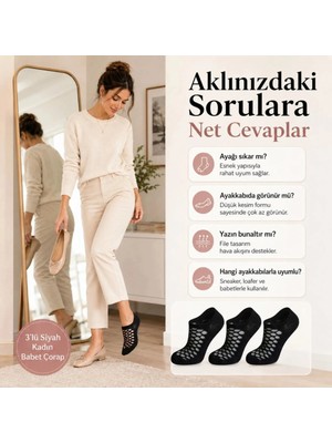 Marsilyan 3’lü Kadın Siyah File Babet Çorap Düşük Kesim Ince Esnek Nefes Alan Görünmez Çorap Seti