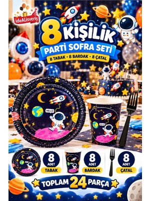 Bkmc Uzay Temalı Doğum Günü Parti Seti| 8 ve 16 Kişilik | Tabak Bardak Çatal Seti | Doğum Günü Sofra Süsleme 24 / 48 Parça | Çocuk Doğum Günü Sofra Seti