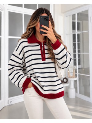 Fiori Kadın Çizgili Polo Yaka Yarım Fermuarlı Oversize Triko Kazak Detaylı