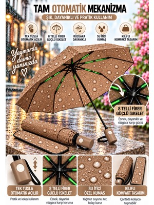 Yelay Home Tam Otomatik 8 Telli Fiber Şemsiye – Su Itici, Kılıflı, Damla Desenli,fiber Destek Çubuğu / Esnek Fiber Tel