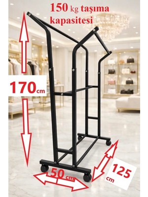 Homebella Premium 170 cm Çelik Konfeksiyon 125 cm En Elbise Askılık Tekerlekli Demonte Eşek Portmanto Hanger Rack