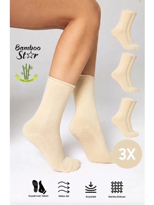 Bamboo Star Bambu Kaydırmaz Taban Silikon Baskı Umre Tavaf Hamile Yoga Krem Lastiksiz Çorap 3'lü