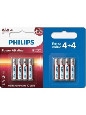 Hubrendy Sh Philips Power Alkaline LR03P8BP/10 1.5V Aaa Ince Kalem Pil (4+4) 8'li Paket