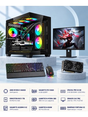 Symoon SYMOONPC0155 Oyun Bilgisayarı Ryzen 5 5600X Rtx 5060 8gb 32GB Ram 1tb SSD 360MM Sıvı Soğutma 24.5 Inç Monitör