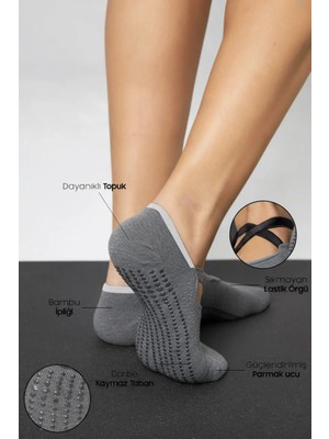 Bamboo Star Bambu Kadın Gri Kaydırmaz Taban Silikon Baskı Pilates Yoga Fitness Dans Aktivite Babet Çorabı