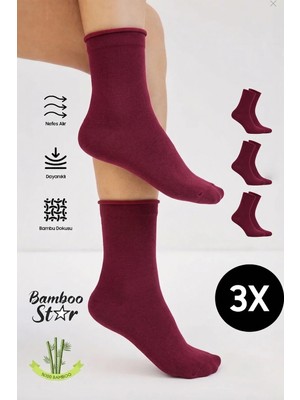 Bamboo Star Bambu Kadın Lastiksiz Bordo Soket Dikişsiz Çorap 3'lü Paket / Sıkmayan Çorap / İz Bırakmaz