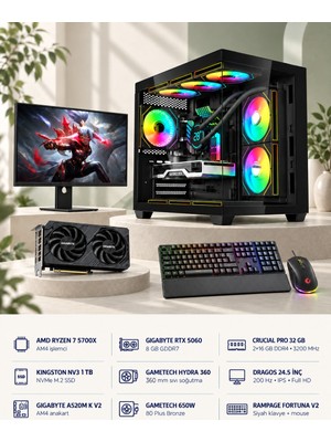 Symoon SYMOONPC0203 Oyun Bilgisayarı Ryzen 7 5700X Rtx 5060 8gb 32GB Ram 1tb SSD 360MM Sıvı Soğutma 24.5 Inç Monitör